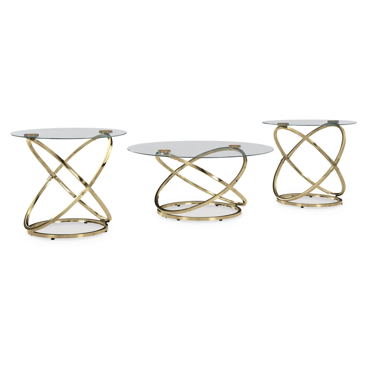 Moti 3pc Coffee Table and 2 End Table Set, Glass Top, Champagne Gold