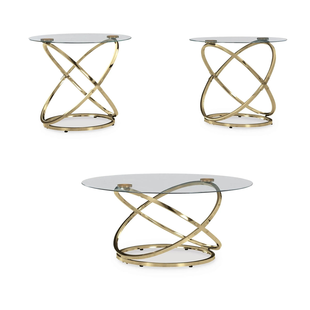 Moti 3pc Coffee Table and 2 End Table Set, Glass Top, Champagne Gold