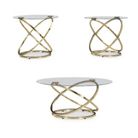 Moti 3pc Coffee Table and 2 End Table Set, Glass Top, Champagne Gold