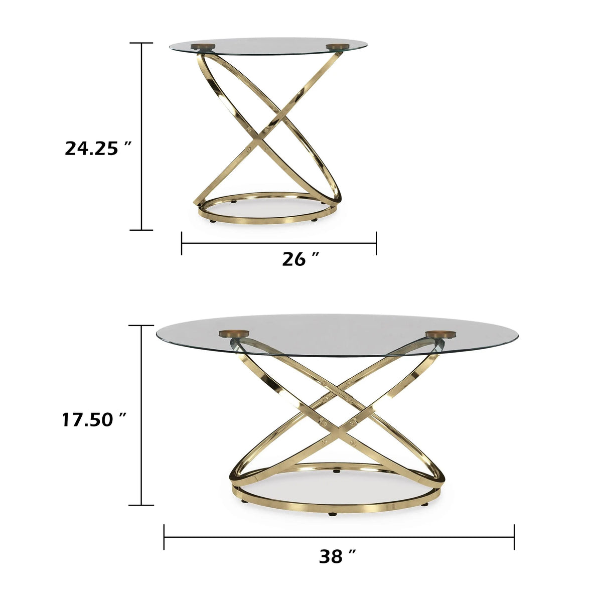 Moti 3pc Coffee Table and 2 End Table Set, Glass Top, Champagne Gold