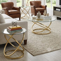 Moti 3pc Coffee Table and 2 End Table Set, Glass Top, Champagne Gold