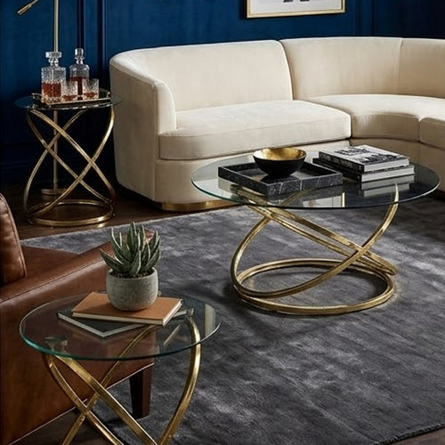 Moti 3pc Coffee Table and 2 End Table Set, Glass Top, Champagne Gold