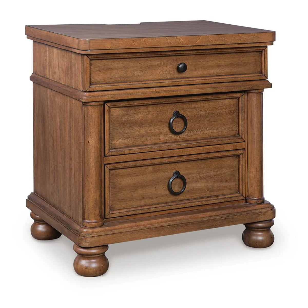 Rowy Oversized Nightstand for Bedroom, USB Ports, 3 Drawers, Medium Brown