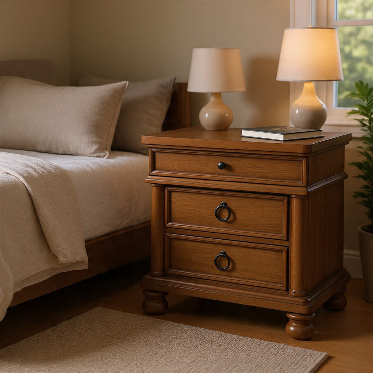 Rowy Oversized Nightstand for Bedroom, USB Ports, 3 Drawers, Medium Brown