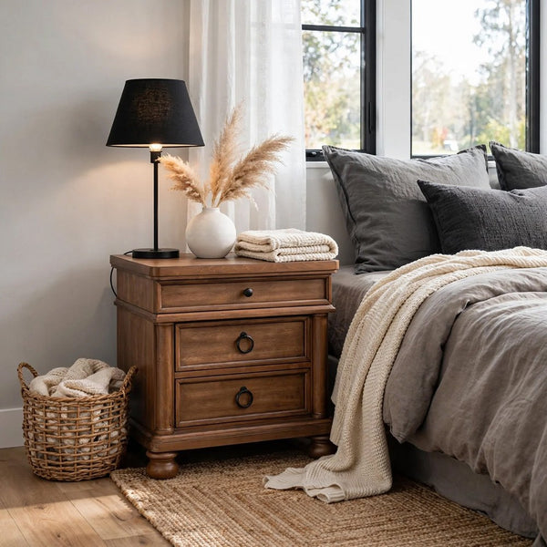 Rowy Oversized Nightstand for Bedroom, USB Ports, 3 Drawers, Medium Brown