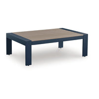 Eina Outdoor Cocktail Table, 48 Inch Slatted Top, Navy Blue and Driftwood