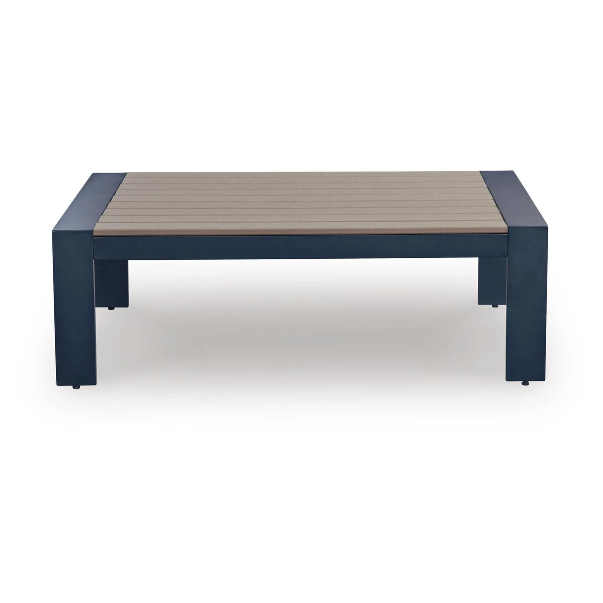 Eina Outdoor Cocktail Table, 48 Inch Slatted Top, Navy Blue and Driftwood