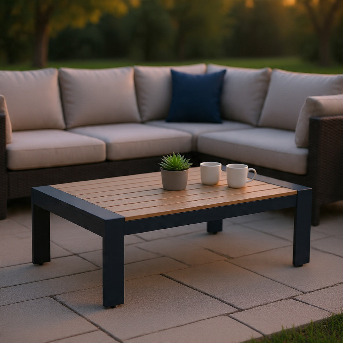 Eina Outdoor Cocktail Table, 48 Inch Slatted Top, Navy Blue and Driftwood
