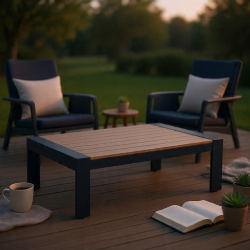 Eina Outdoor Cocktail Table, 48 Inch Slatted Top, Navy Blue and Driftwood