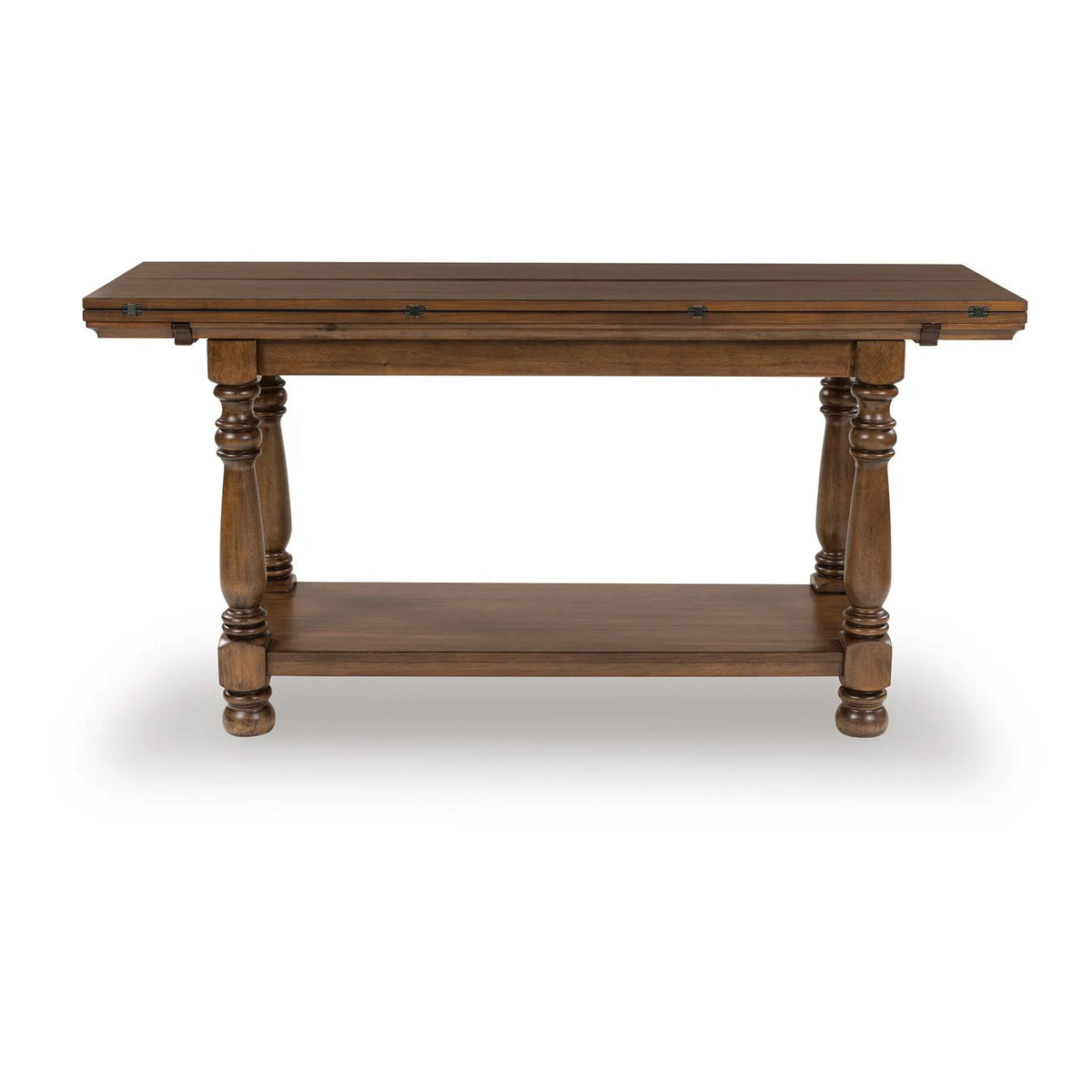 Beca Sofa Console Table, 60 Inch Hinged Flip Top, Lower Shelf, Brown