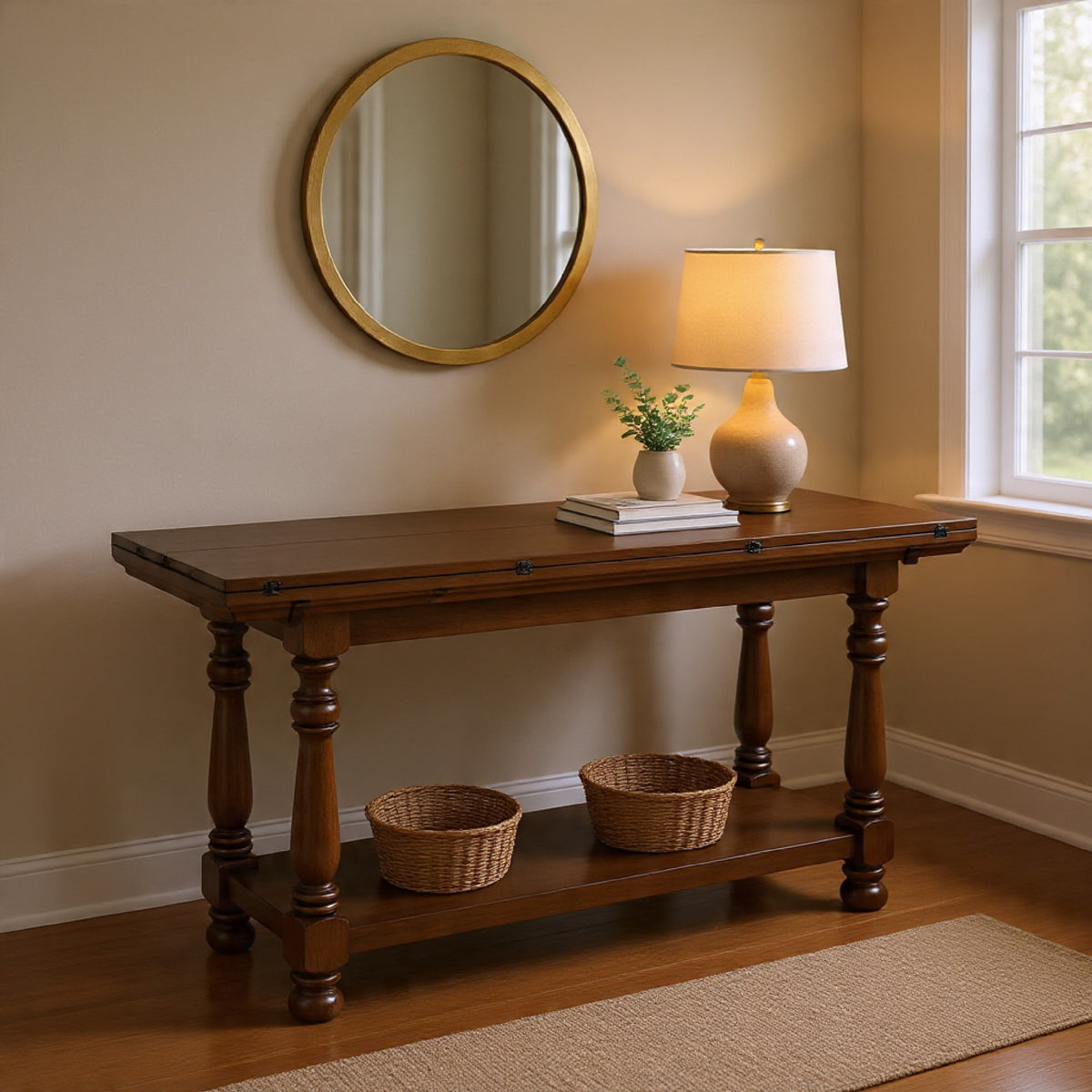 Beca Sofa Console Table, 60 Inch Hinged Flip Top, Lower Shelf, Brown