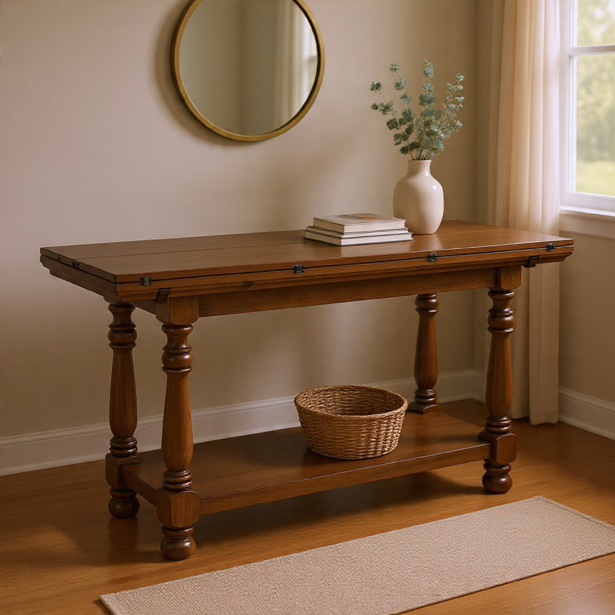 Beca Sofa Console Table, 60 Inch Hinged Flip Top, Lower Shelf, Brown