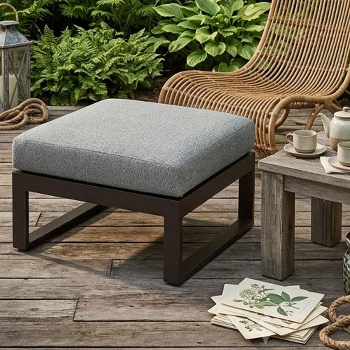Leca Outdoor Ottoman with Gray Cushion, Black Aluminum Frame, 28 Inch