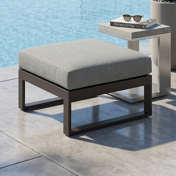 Leca Outdoor Ottoman with Gray Cushion, Black Aluminum Frame, 28 Inch