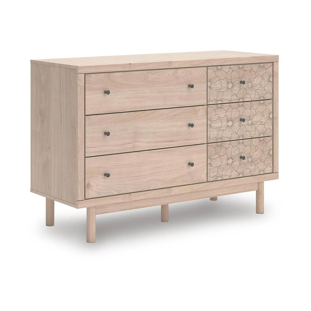 Rox 51 Inch Dresser, 6 Drawers, Floral Accent Fronts, Black Knobs, Tan
