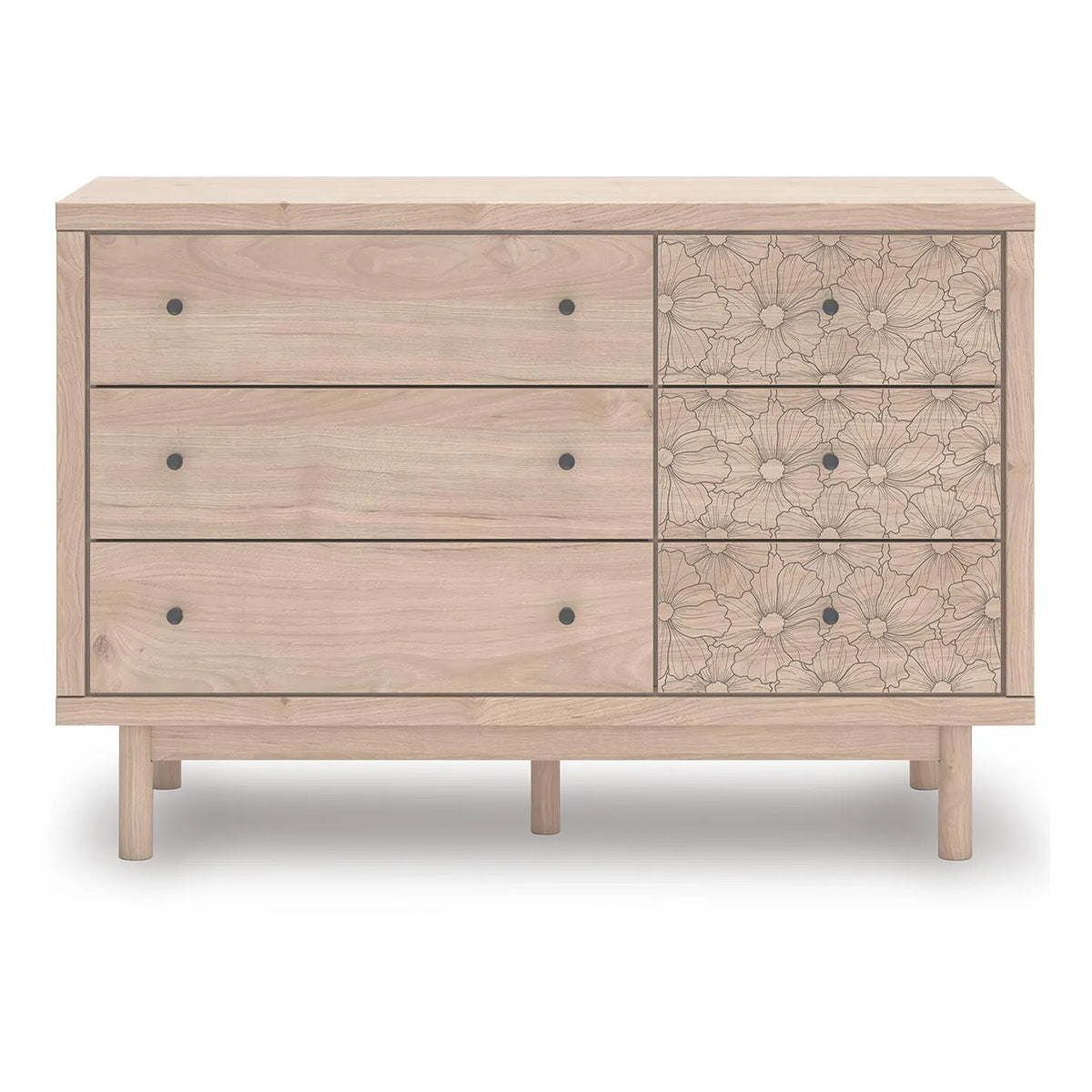 Rox 51 Inch Dresser, 6 Drawers, Floral Accent Fronts, Black Knobs, Tan