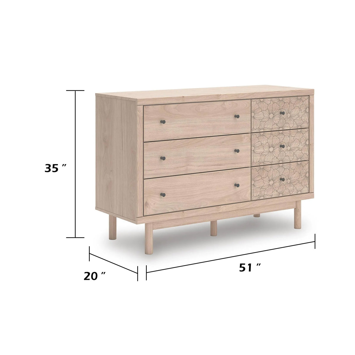 Rox 51 Inch Dresser, 6 Drawers, Floral Accent Fronts, Black Knobs, Tan