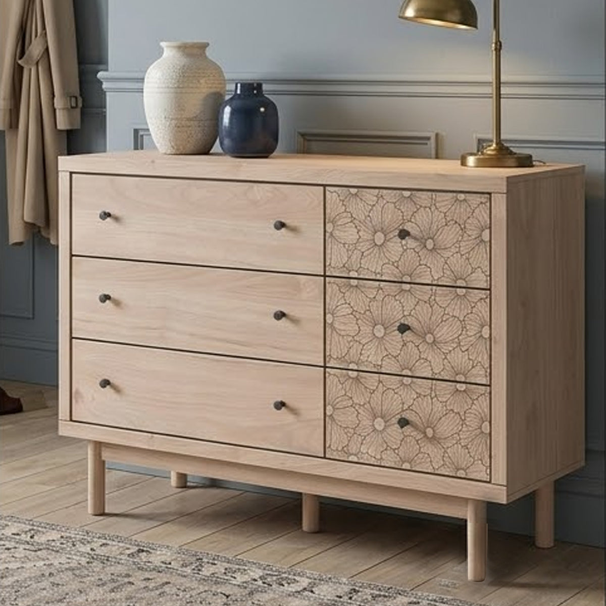 Rox 51 Inch Dresser, 6 Drawers, Floral Accent Fronts, Black Knobs, Tan