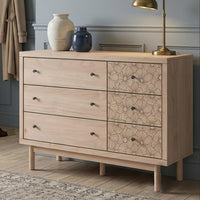 Rox 51 Inch Dresser, 6 Drawers, Floral Accent Fronts, Black Knobs, Tan