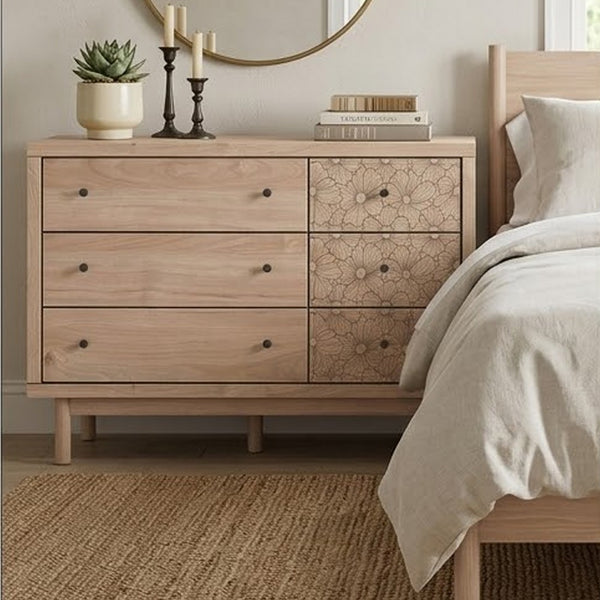 Rox 51 Inch Dresser, 6 Drawers, Floral Accent Fronts, Black Knobs, Tan