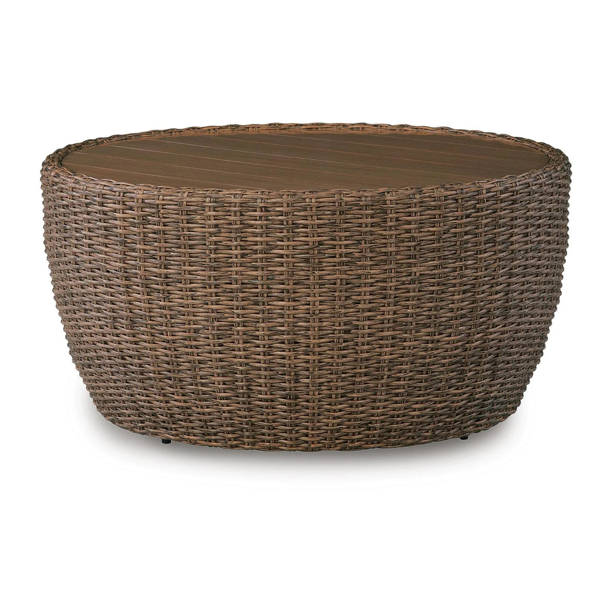 Dyan Outdoor Coffee Table, 36 Inch Round Drum, Brown Beige Woven Wicker
