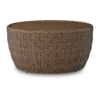 Dyan Outdoor Coffee Table, 36 Inch Round Drum, Brown Beige Woven Wicker