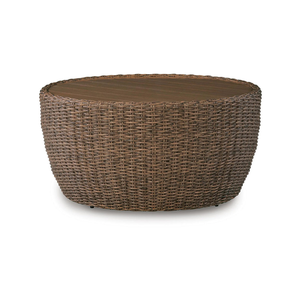 Dyan Outdoor Coffee Table, 36 Inch Round Drum, Brown Beige Woven Wicker