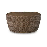 Dyan Outdoor Coffee Table, 36 Inch Round Drum, Brown Beige Woven Wicker