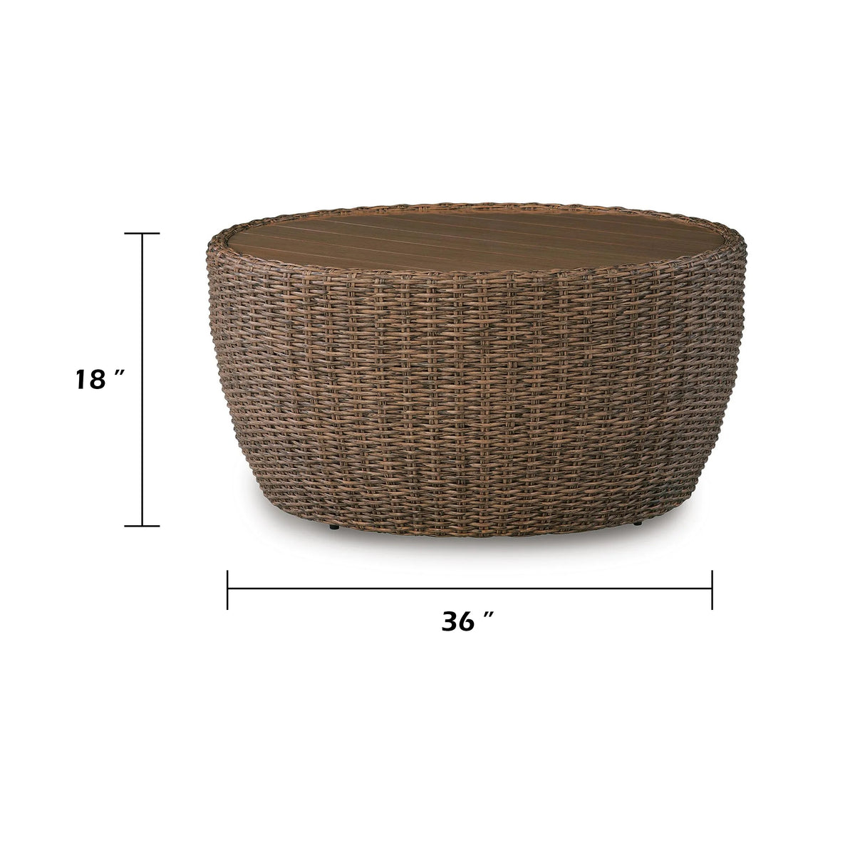Dyan Outdoor Coffee Table, 36 Inch Round Drum, Brown Beige Woven Wicker