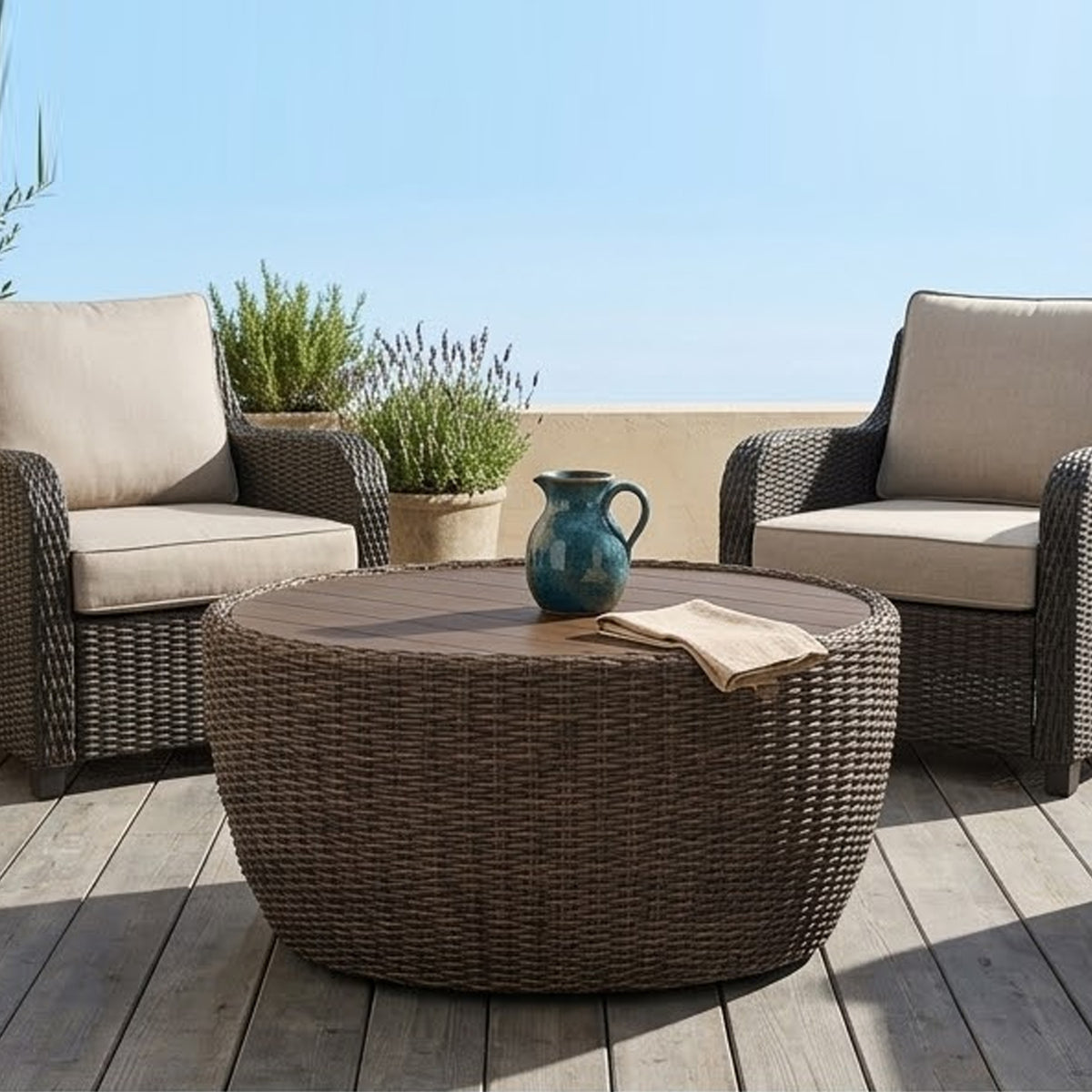 Dyan Outdoor Coffee Table, 36 Inch Round Drum, Brown Beige Woven Wicker