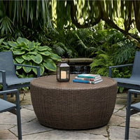 Dyan Outdoor Coffee Table, 36 Inch Round Drum, Brown Beige Woven Wicker