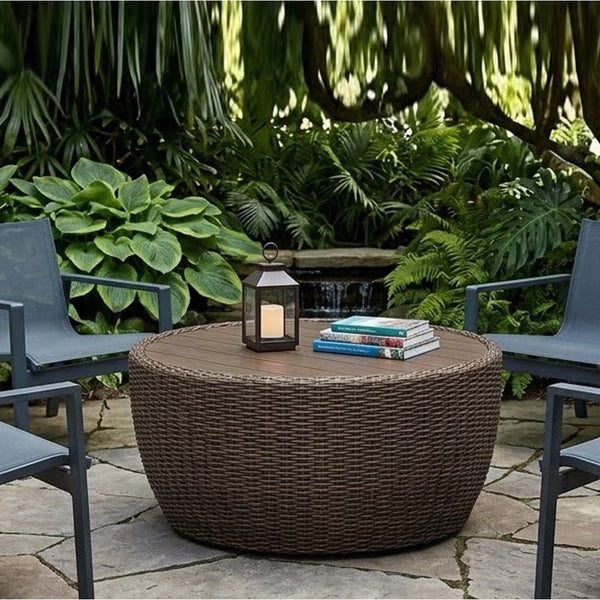Dyan Outdoor Coffee Table, 36 Inch Round Drum, Brown Beige Woven Wicker