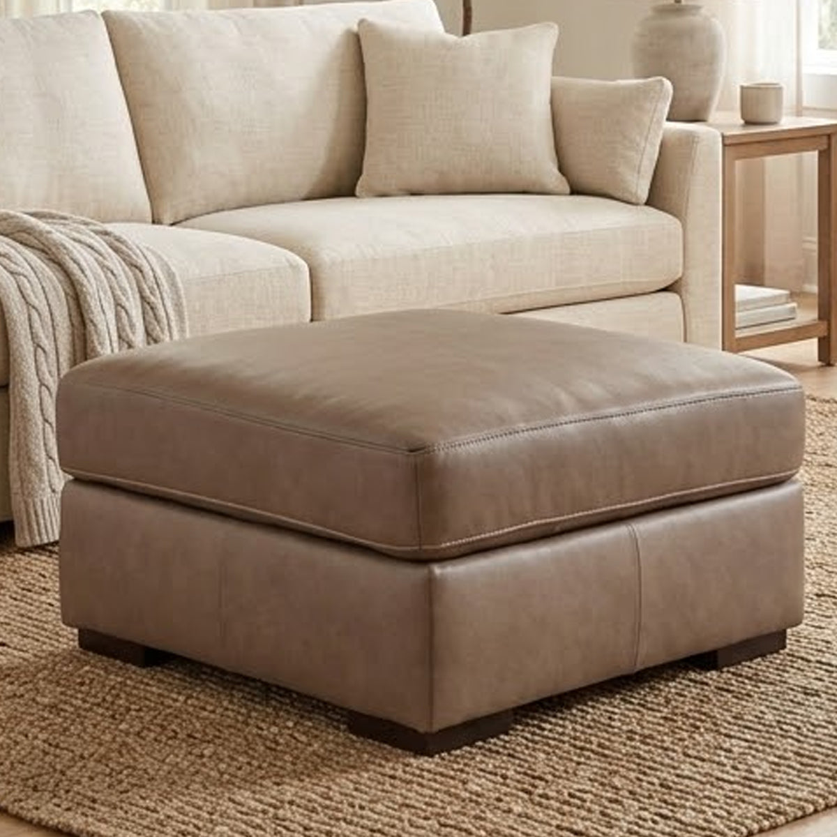 Vyas Oversized Square Ottoman, Sahara Brown Top Grain Leather, 37x37