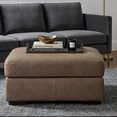Vyas Oversized Square Ottoman, Sahara Brown Top Grain Leather, 37x37