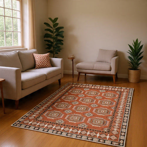 Nyas 8 x 10 Large Area Rug, Aztec Inspired Patterns, Sienna and Ivory