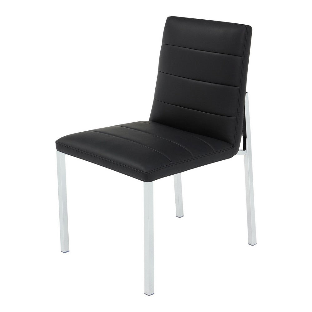 Eun Dining Side Chair, Foam Fill, Channeled Black Faux Leather, Chrome-BM354724