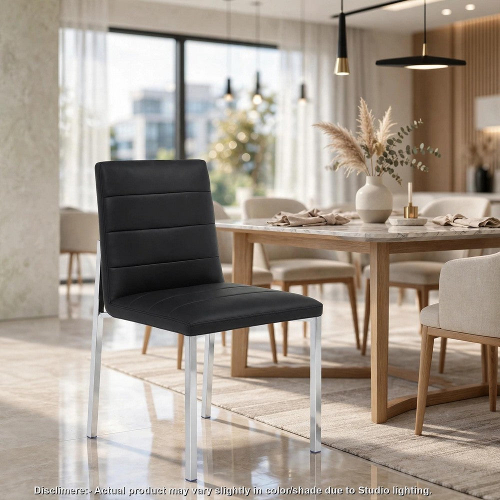 Eun Dining Side Chair, Foam Fill, Channeled Black Faux Leather, Chrome-BM354724