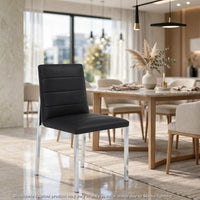 Eun Dining Side Chair, Foam Fill, Channeled Black Faux Leather, Chrome-BM354724
