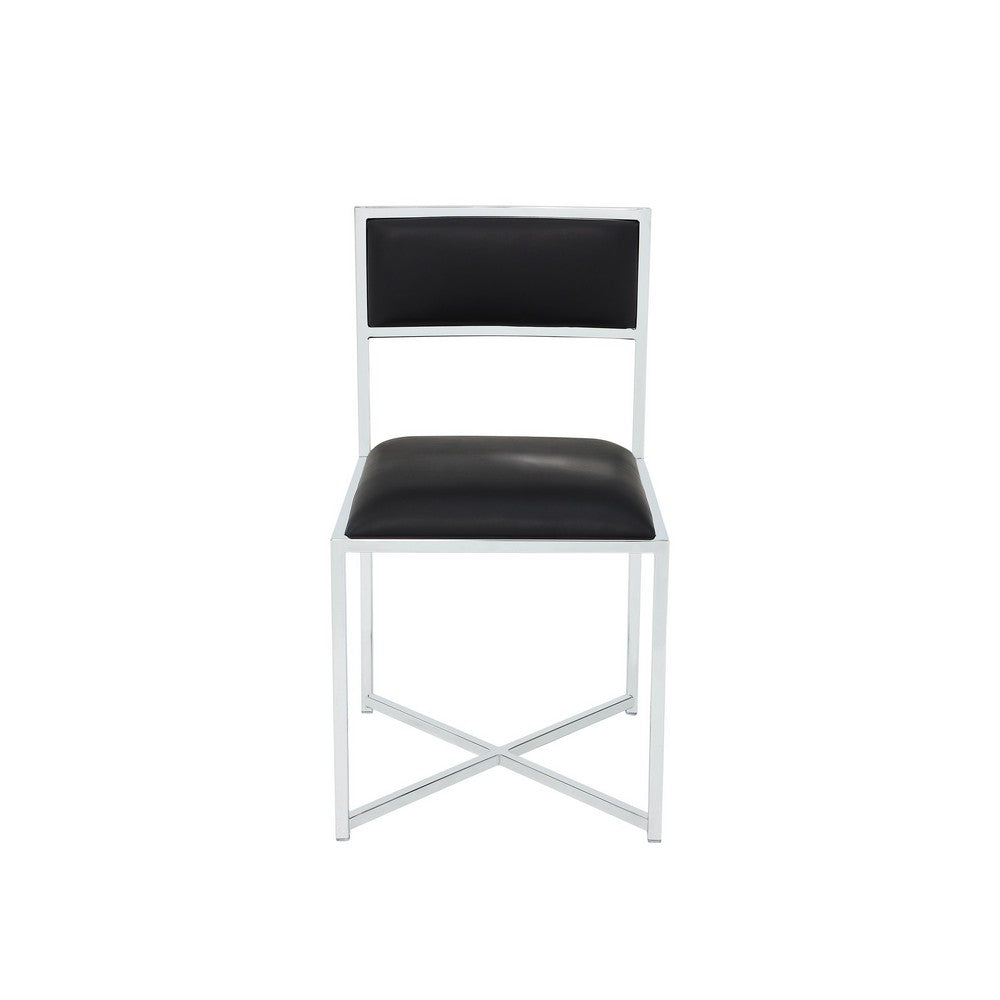 Eun Dining Side Chair, X-Cross Base, Chrome Frame, Black Faux Leather-BM354725