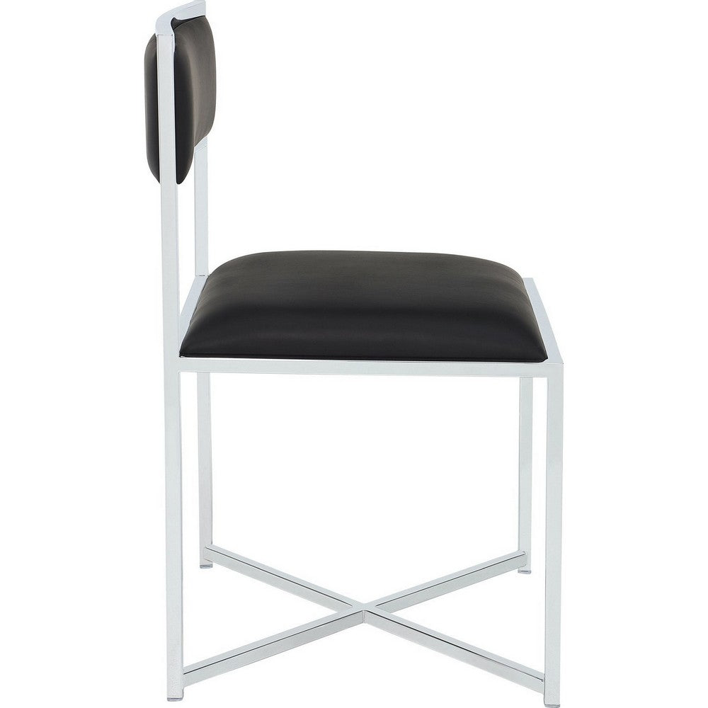 Eun Dining Side Chair, X-Cross Base, Chrome Frame, Black Faux Leather-BM354725