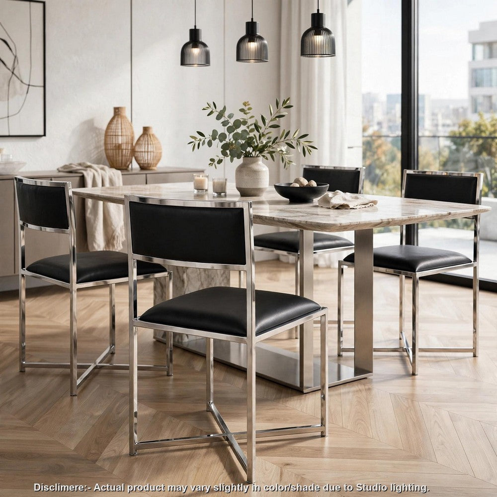 Eun Dining Side Chair, X-Cross Base, Chrome Frame, Black Faux Leather-BM354725