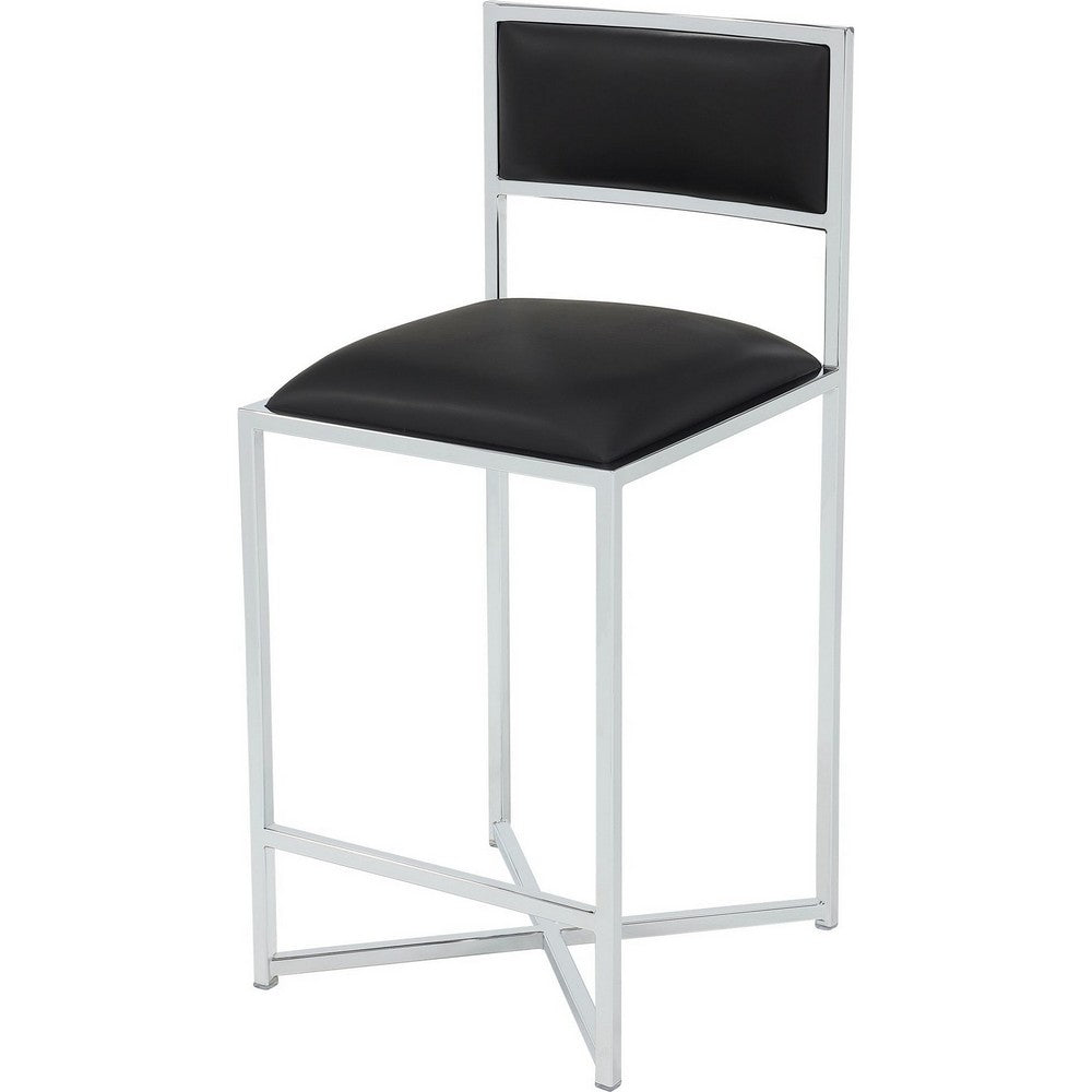 Eun Counter-Height Stool Chair w X-Base, Chrome Steel, Black Faux Leather-BM354729