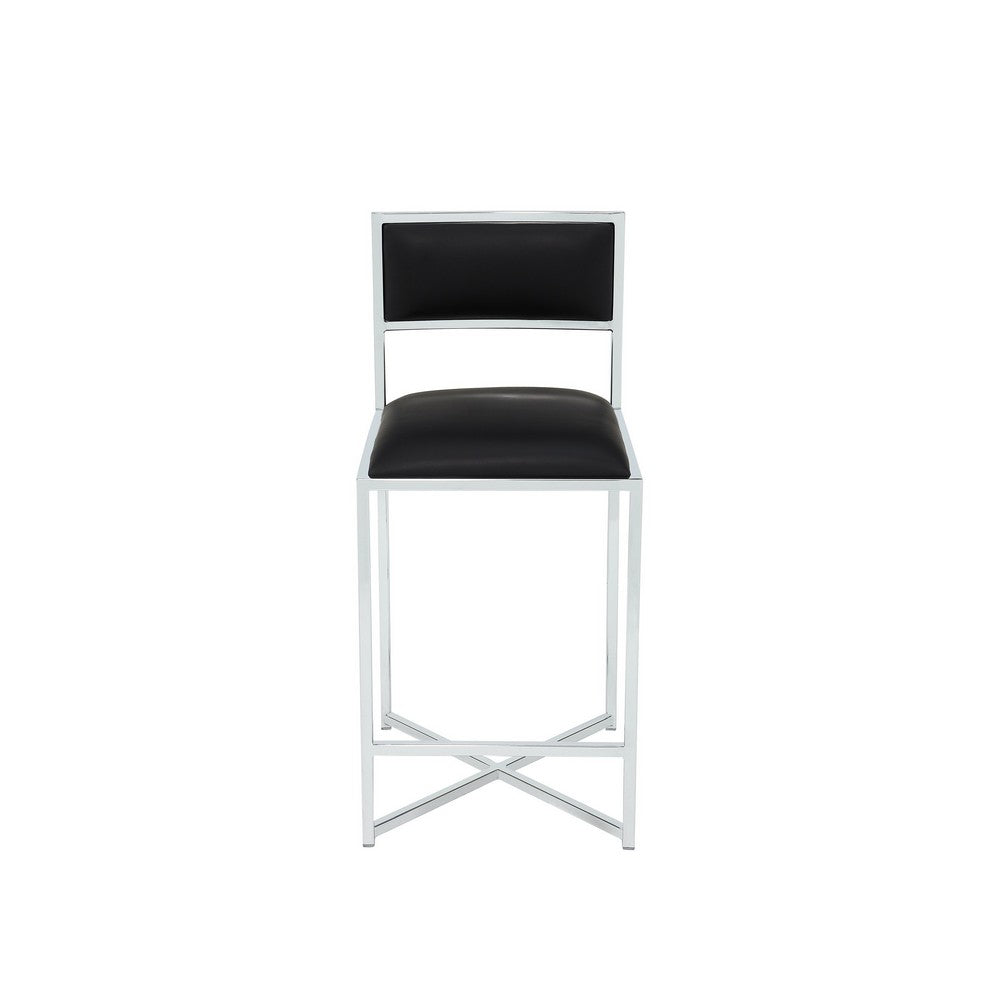 Eun Counter-Height Stool Chair w X-Base, Chrome Steel, Black Faux Leather-BM354729