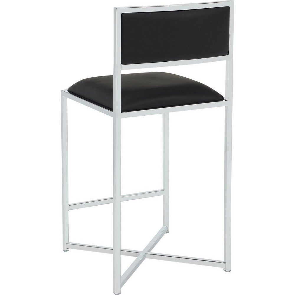 Eun Counter-Height Stool Chair w X-Base, Chrome Steel, Black Faux Leather-BM354729