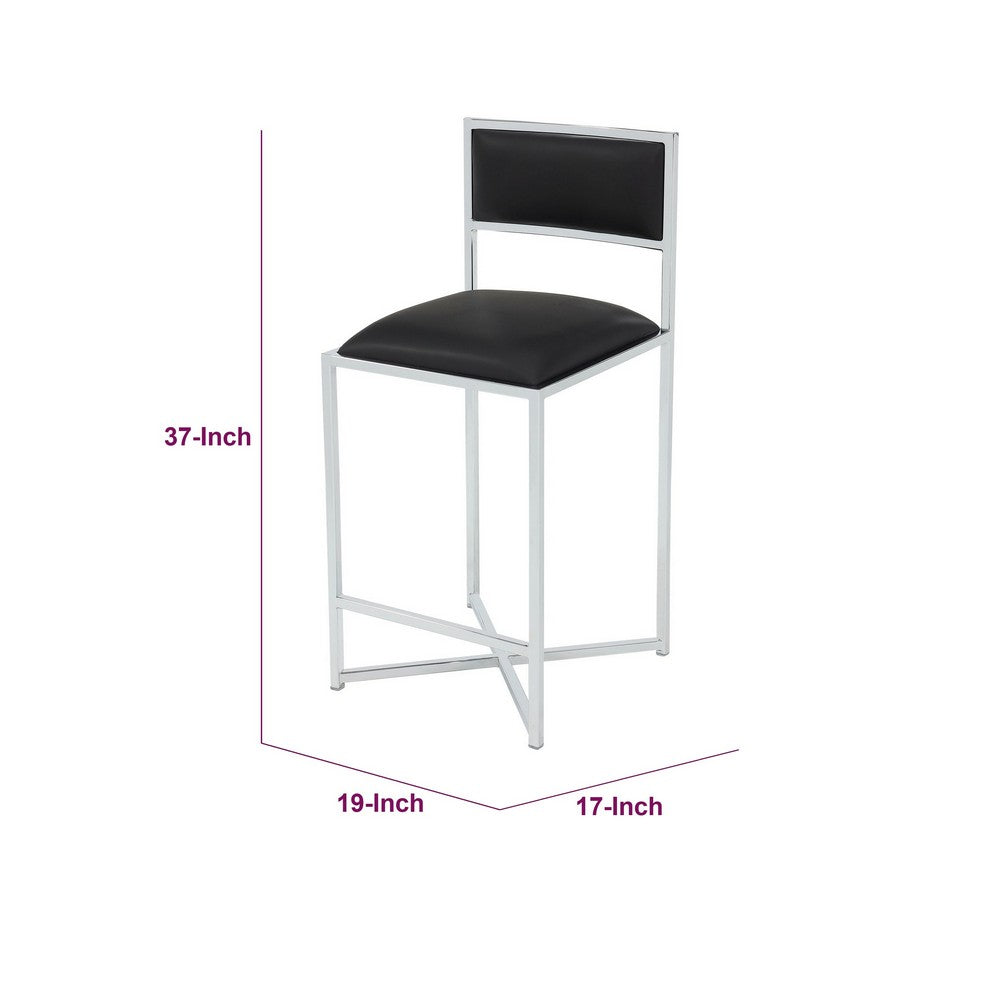 Eun Counter-Height Stool Chair w X-Base, Chrome Steel, Black Faux Leather-BM354729