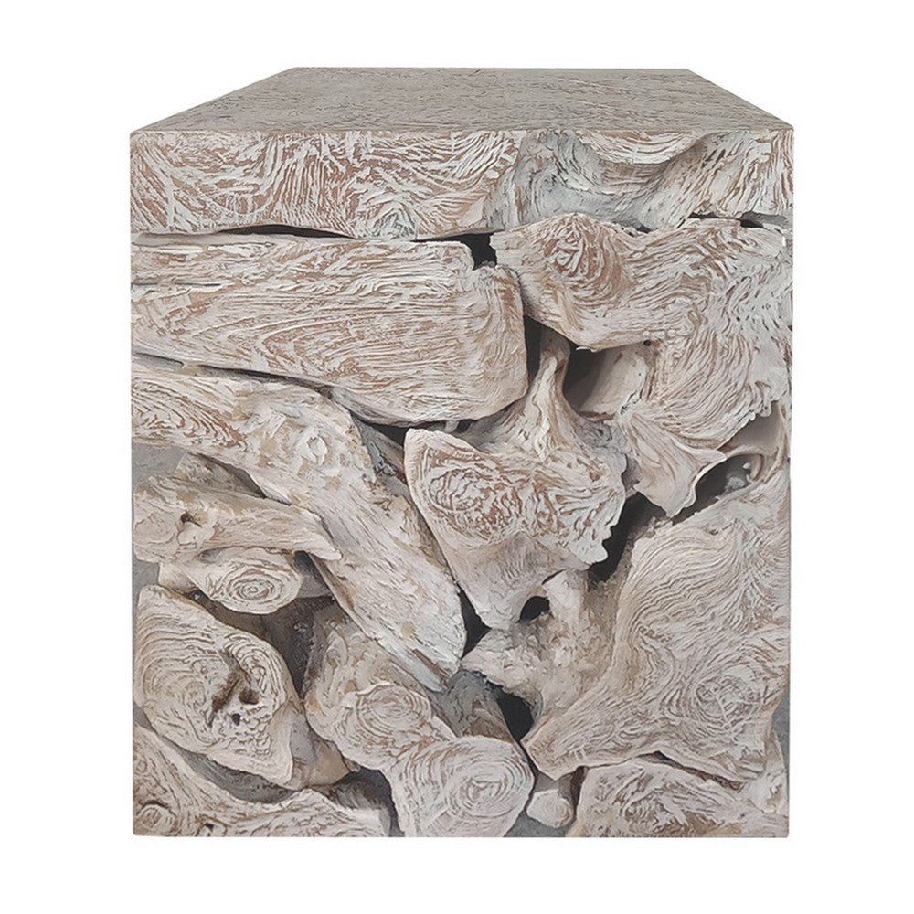 Bruce Square Sliced End Table in Bleached Finish, Solid Teak Wood 22 Inch-BM354754