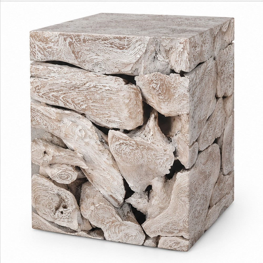 Bruce Square Sliced End Table in Bleached Finish, Solid Teak Wood 22 Inch-BM354754