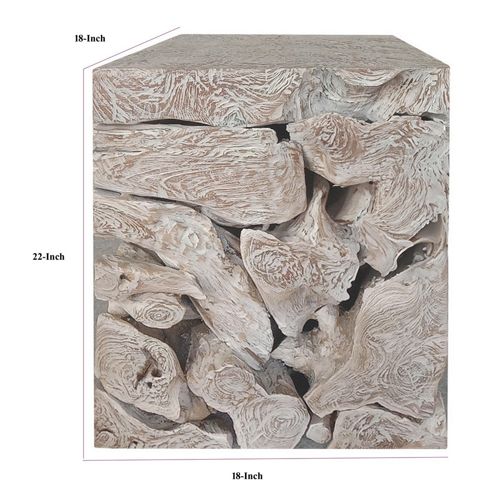 Bruce Square Sliced End Table in Bleached Finish, Solid Teak Wood 22 Inch-BM354754