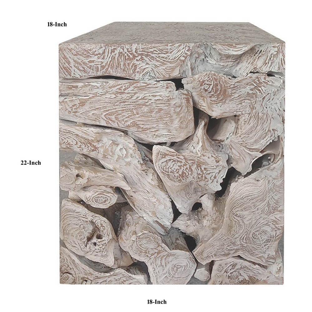 Bruce Square Sliced End Table in Bleached Finish, Solid Teak Wood 22 Inch-BM354754
