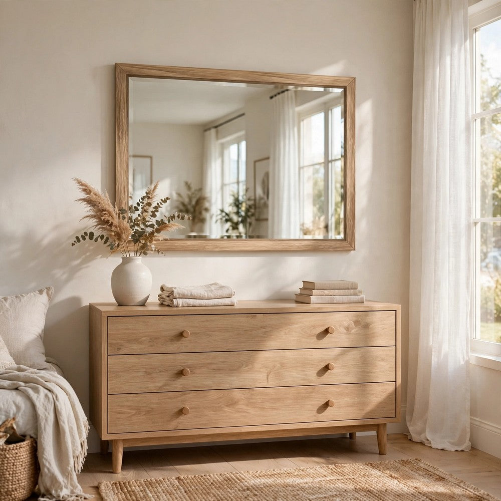 Bruce Coastal Modern Wall-Dresser Mirror with Glass, Bisque Rubberwood 38x40 - BM354761
